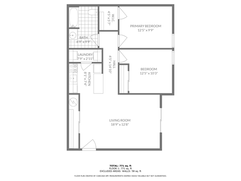 A floor plan of a home with a living room, bedroom, and laundry room.